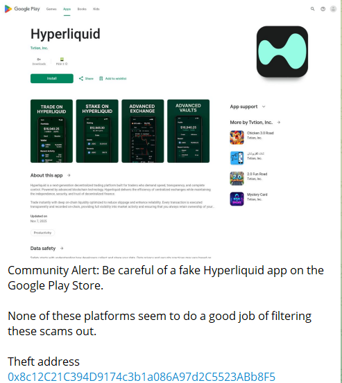 
                    Криптоэксперт ZachXBT предупредил о поддельных приложениях Hyperliquid в Google Play                
