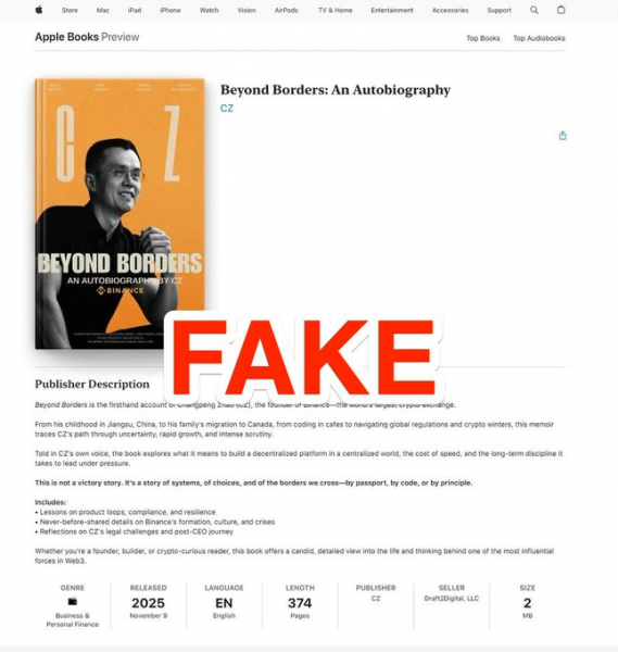 
                    Мошенники опубликовали фальшивые мемуары основателя Binance Чанпена Чжао                